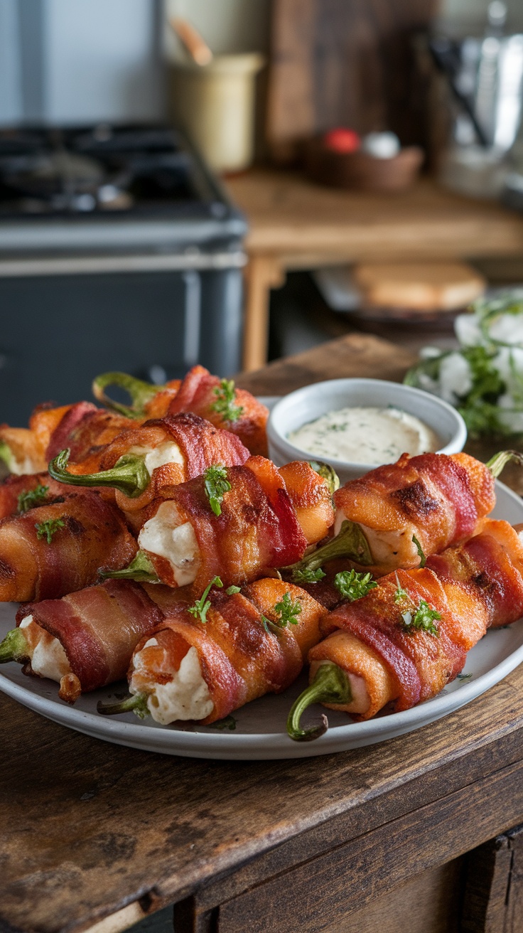 A delicious serving of Bacon-Wrapped Jalapeño Poppers on a plate, with ranch dipping sauce.